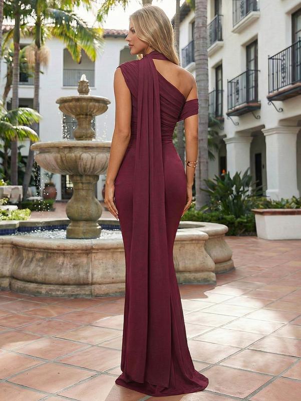 Draped One-Shoulder Evening Gown